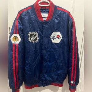 STARTER Chicago Blackhawks  NHL Varsity Satin Winter Jacket Extra Large Blue
